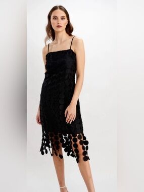 Frank Lyman Black Disc Appliqué Midi Dress Size Small Statement Cocktail Dress